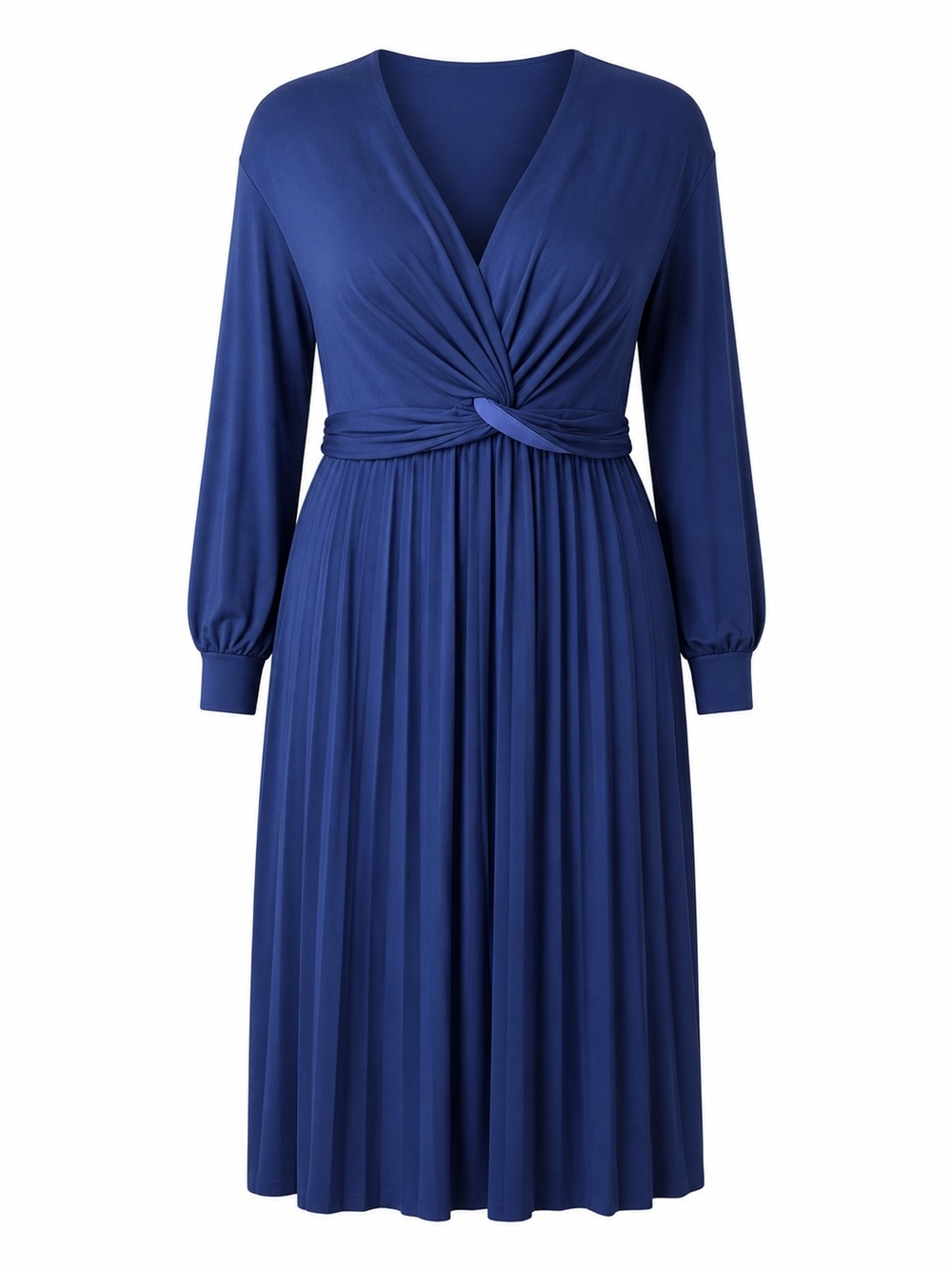 ELOQUII | Twist Knit Front Pleated Long Sleeve V-Neck‎ Soft Midi Dress Blue | 18